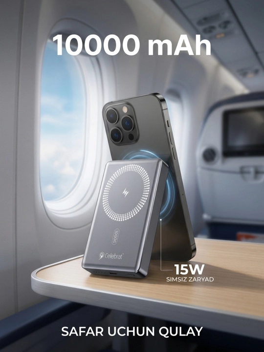 Power bank 10000 mAh, magnitli, 15W simsiz zaryad, 20W PD