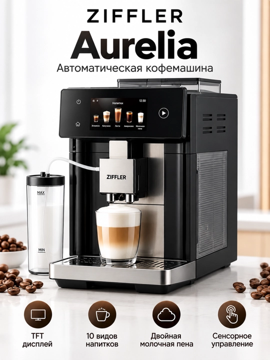 ZIFFLER Premium avtomatik qahva mashinasi, kapuchinator va sensorli displey bilan