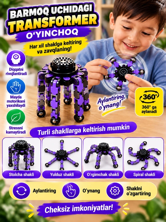 Transformer spinner antistress o‘yinchoq, 360° aylanadigan va bukiladigan, 3+ yosh