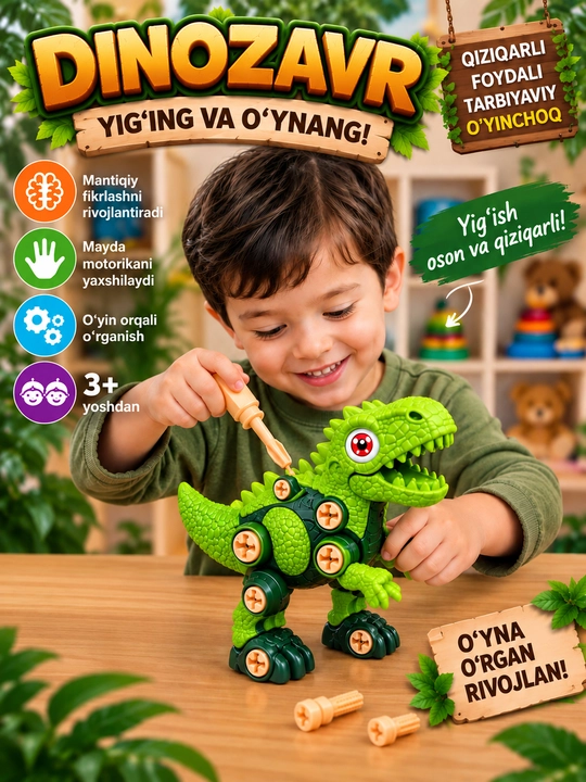 Сборный конструктор «Динозавр» с отвёрткой, развивающая игрушка, 3+