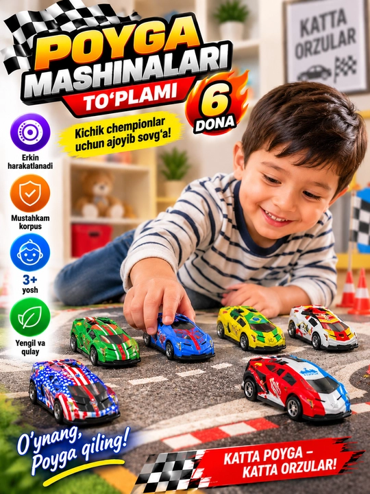Poyga mashinalari to‘plami, 6 dona sport avtomobil, bolalar uchun, 3+ yosh