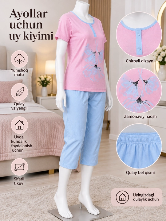 Ayollar pijamasi, uy kostyumi, tungi kiyim, qisqa yengli uy kiyimi, pijama komplekti