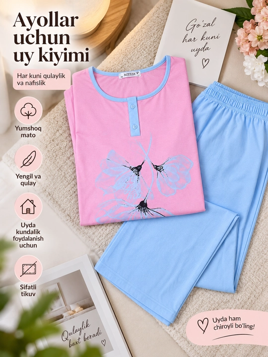 Ayollar pijamasi, uy kostyumi, tungi kiyim, qisqa yengli uy kiyimi, pijama komplekti