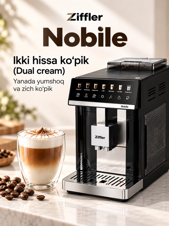 ZIFFLER Nobile Premium avtomatik qahva mashinasi, kapuchinator va sensorli displey bilan