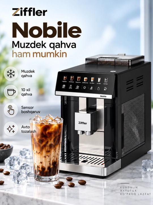 ZIFFLER Nobile Premium avtomatik qahva mashinasi, kapuchinator va sensorli displey bilan
