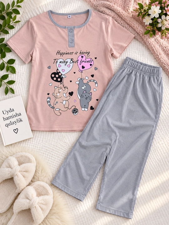 Ayollar pijamasi, uy kostyumi, tungi kiyim, qisqa yengli uy kiyimi, pijama komplekti