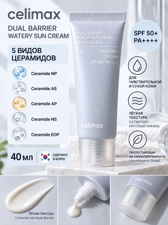 Quyoshdan himoya kremi CELIMAX Dual Barrier Watery Sun Cream SPF50+ PA++++, 40 ml