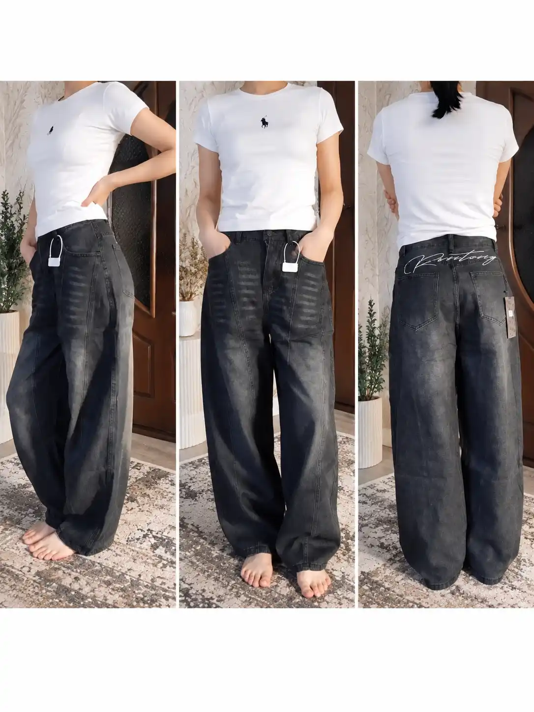 Koreys uslubida ayollar keng jinsi shimlar—katta o‘lchamli,baggi,yuqori belli S,M,L,XL,2XL