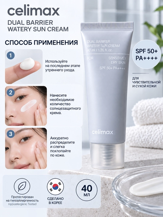 Quyoshdan himoya kremi CELIMAX Dual Barrier Watery Sun Cream SPF50+ PA++++, 40 ml