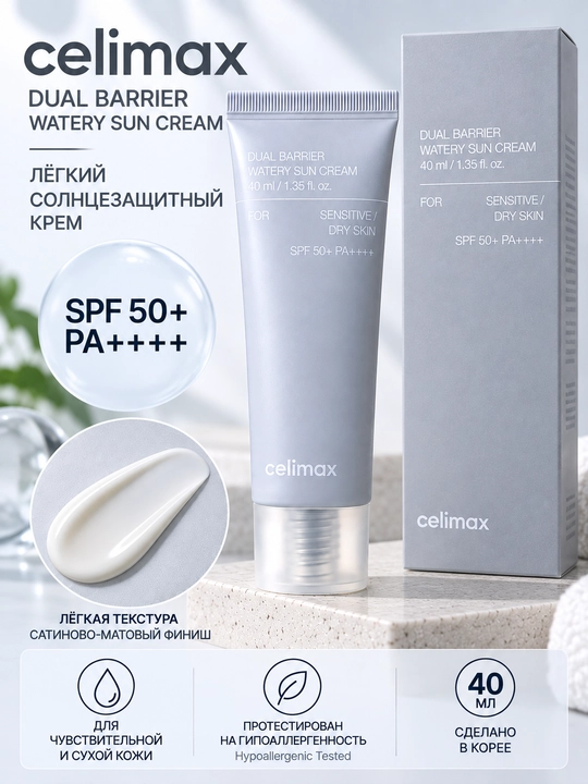 Quyoshdan himoya kremi CELIMAX Dual Barrier Watery Sun Cream SPF50+ PA++++, 40 ml