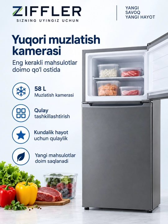 Двухкамерный холодильник ZIFFLER с верхней морозильной камерой, серый