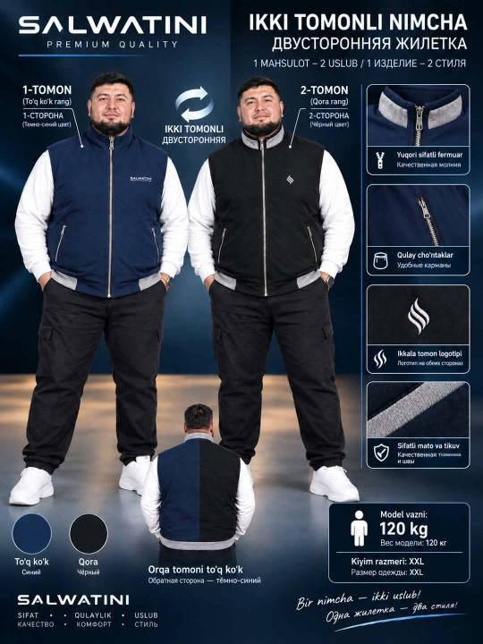 Erkaklar katta o‘lchamli nimcha – zamonaviy, fermuarli, premium - 