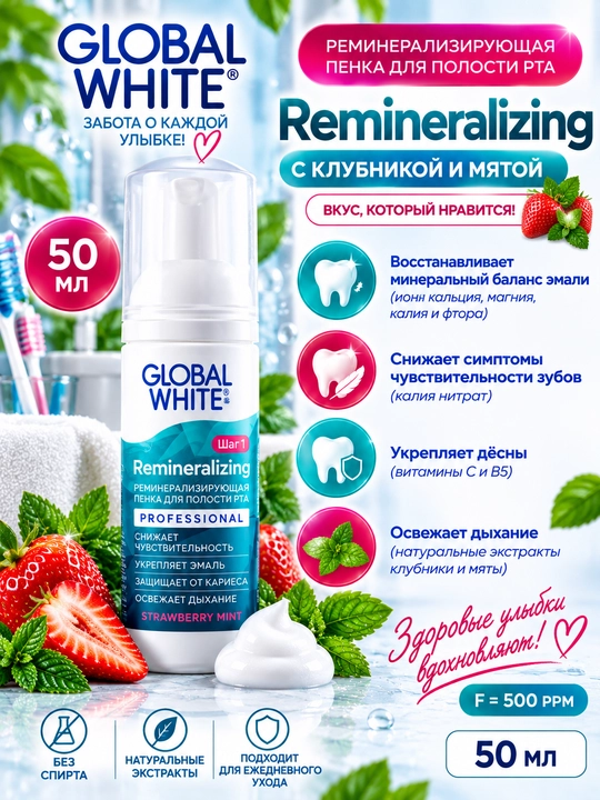 Global White Whitening & Remineralizing — oqartiruvchi va qayta minerallashtiruvchi ko‘pik, 50 ml - 