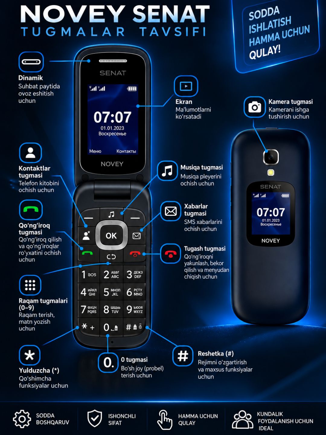 NOVEY SENAT GSM tugmali telefon, 2 SIM, 1000 mAh, IPS ekran, Bluetooth, FM radio, kamera