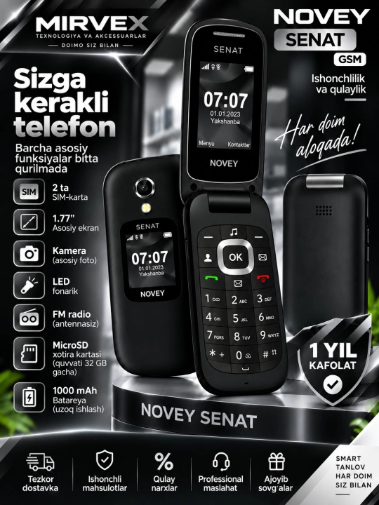 NOVEY SENAT GSM tugmali telefon, 2 SIM, 1000 mAh, IPS ekran, Bluetooth, FM radio, kamera - 