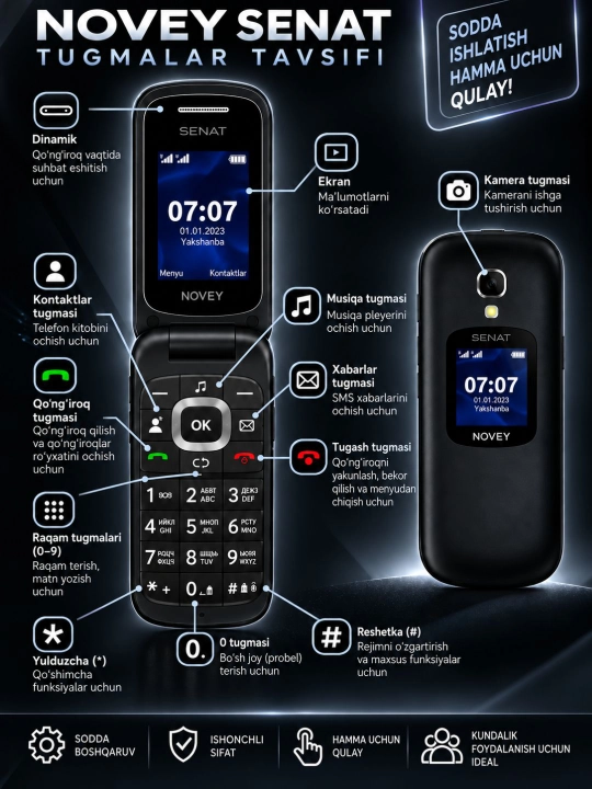 NOVEY SENAT GSM tugmali telefon, 2 SIM, 1000 mAh, IPS ekran, Bluetooth, FM radio, kamera