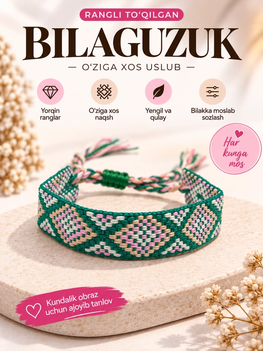 To‘qima bilaguzuk, ayollar va qizlar uchun, sozlanadigan, turli rang va naqshlarda - 