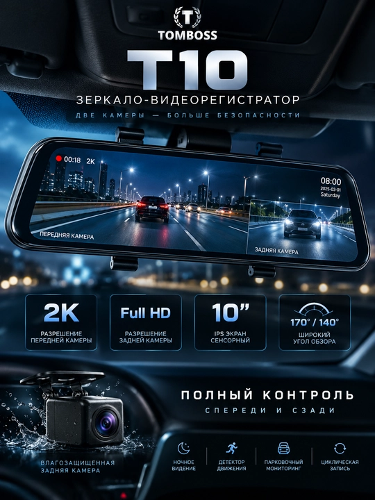 TOMBOSS T10 — зеркало-видеорегистратор 2K + Full HD, 2 камеры, 10″ IPS - 