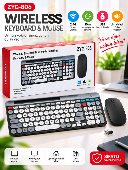 ZYG-806 simsiz klaviatura va sichqoncha to‘plami, 2.4G USB - 