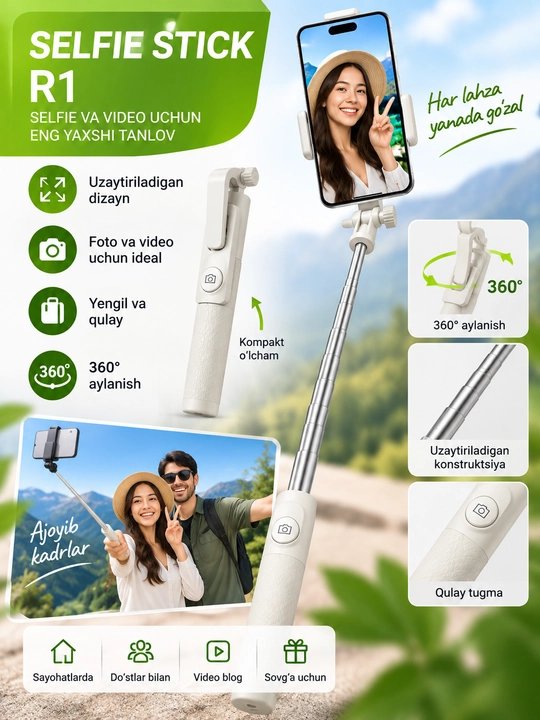 Selfie Stick R1, telefon uchun uzaytiriladigan selfi tayoqcha - 