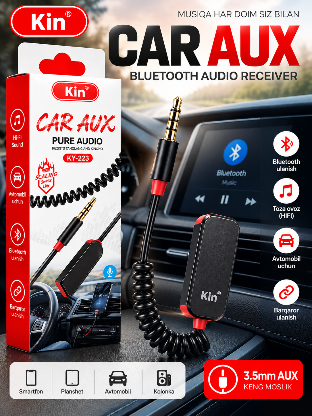 Kin KY-223 Car AUX Bluetooth audio qabul qilgich, 3.5 mm AUX - 