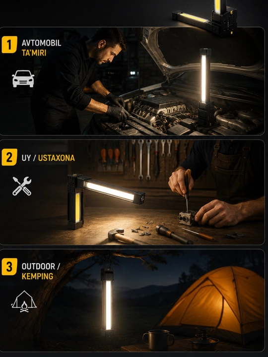 Ko‘p funksiyali LED fonar — 180° buriluvchi, 12 soatli quvvat, COB + XPE, magnitli, Type-C