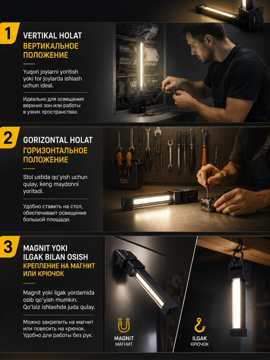 Ko‘p funksiyali LED fonar — 180° buriluvchi, 12 soatli quvvat, COB + XPE, magnitli, Type-C