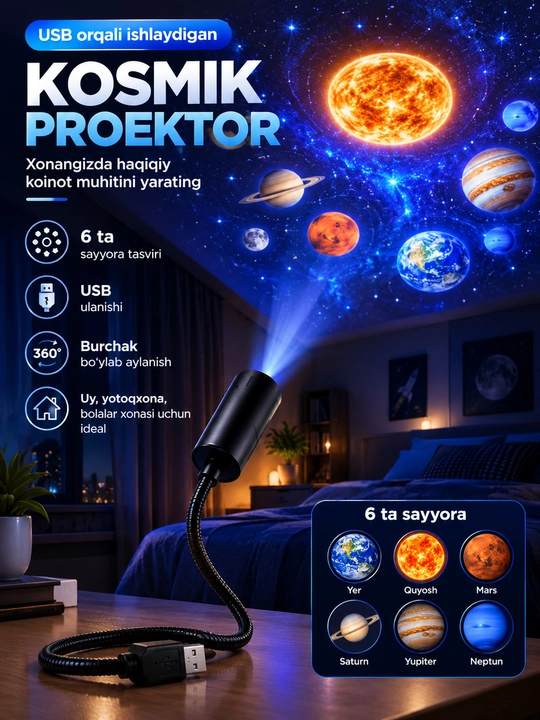 Kosmik LED Proyektor, Sayyora va Yulduzlar, USB Tungi Chiroq - 