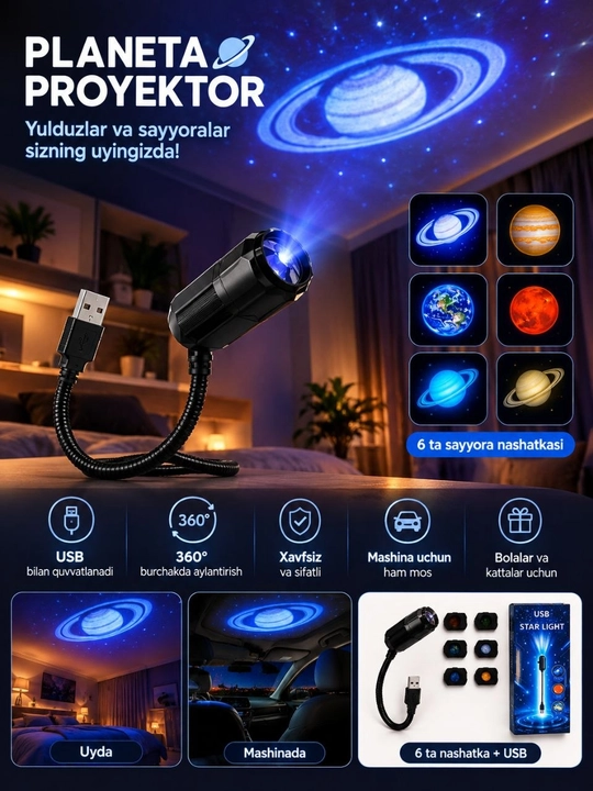 Kosmik LED Proyektor, Sayyora va Yulduzlar, USB Tungi Chiroq
