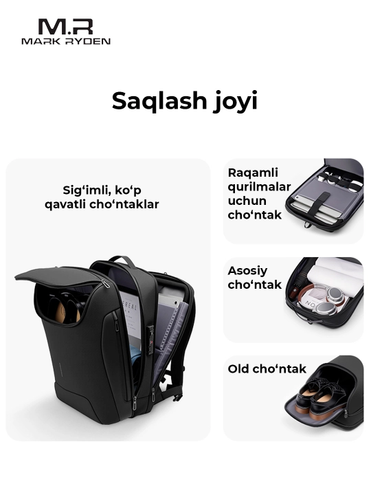 Рюкзак Mark Ryden MR9100 c Bluetooth трекером, двусторонний кодовый замок TSA, мужской