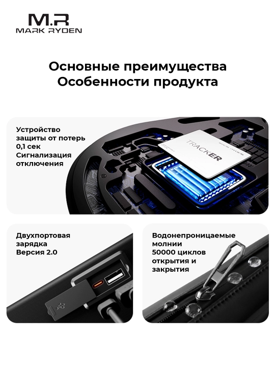Рюкзак Mark Ryden MR9100 c Bluetooth трекером, двусторонний кодовый замок TSA, мужской