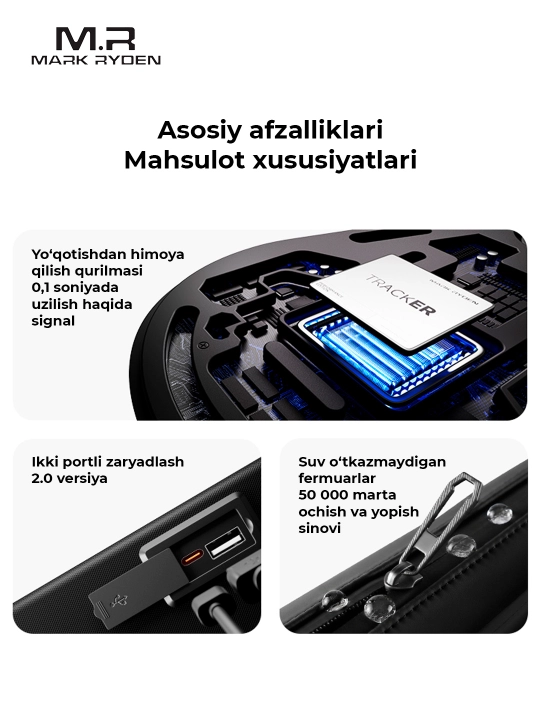 Рюкзак Mark Ryden MR9100 c Bluetooth трекером, двусторонний кодовый замок TSA, мужской