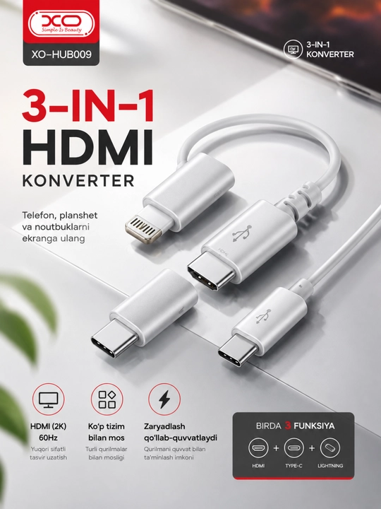 Адаптер Переходник XO HUB009 3in1 HDMI Converter Type-C Lightning Micro-USB - 