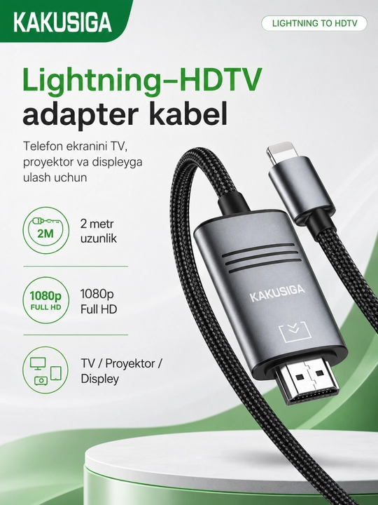 Perexodnik KAKUSIGA Lightning to HDTV HDMI Kabel 2m 1080p Full HD Qora