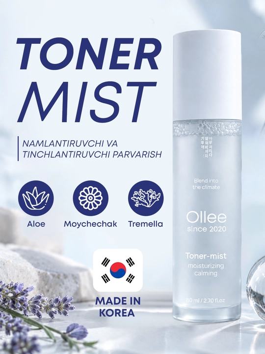 OLLEE aloe, moychechak va tremella qo‘shilgan yuz uchun namlantiruvchi toner-mist, 80 ml