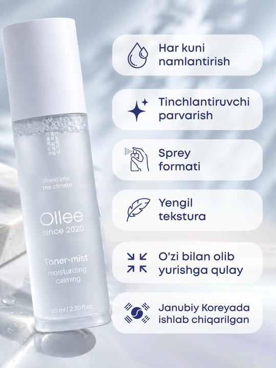 OLLEE aloe, moychechak va tremella qo‘shilgan yuz uchun namlantiruvchi toner-mist, 80 ml