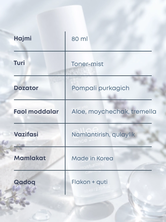 OLLEE aloe, moychechak va tremella qo‘shilgan yuz uchun namlantiruvchi toner-mist, 80 ml
