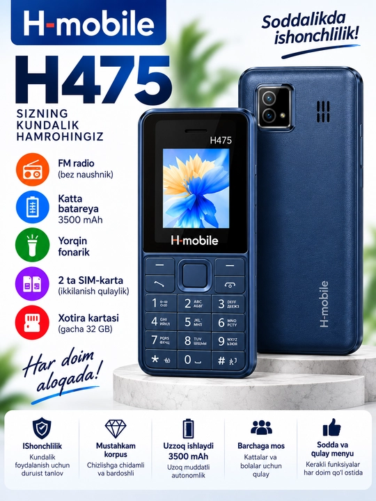 Arzon ikkinchi H-mobile H475 tugmali telefon 3500 mAh, 2 SIM, FM radio, fonarik