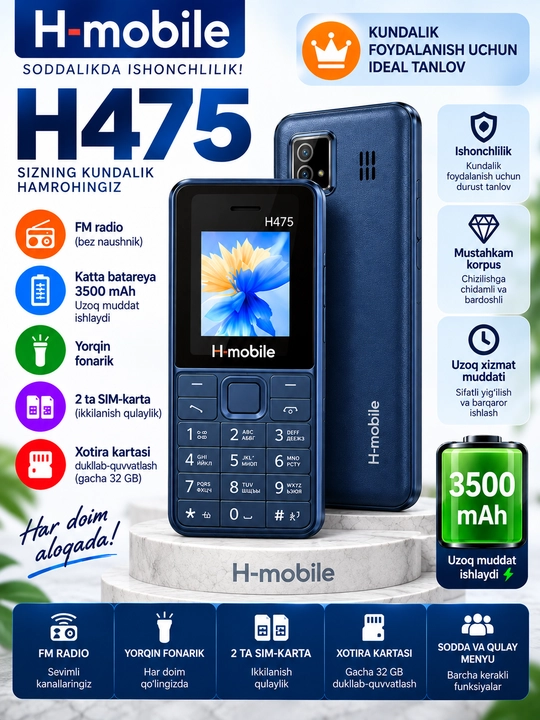 Arzon ikkinchi H-mobile H475 tugmali telefon 3500 mAh, 2 SIM, FM radio, fonarik
