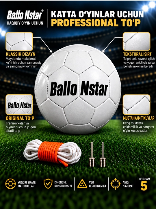 Futbol to‘pi Ball On Star Match Ball, 5-o‘lcham, oq-qora