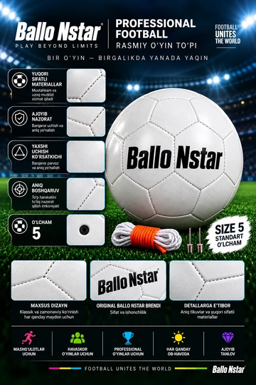 Futbol to‘pi Ball On Star Match Ball, 5-o‘lcham, oq-qora