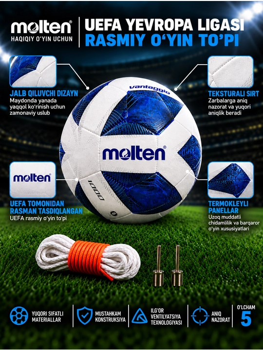 Futbol to‘pi Molten 1000 Vantaggio F5A, mashg‘ulot uchun, 5-o‘lcham, oq-ko‘k