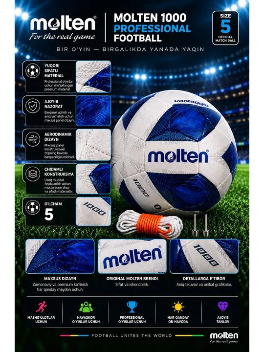 Futbol to‘pi Molten 1000 Vantaggio F5A, mashg‘ulot uchun, 5-o‘lcham, oq-ko‘k