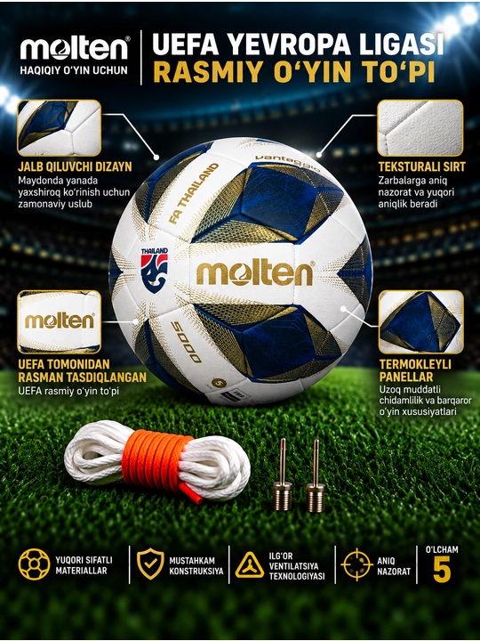 Futbol to‘pi Molten Thailand F5A5000, Professional, 5-o‘lcham, oq-qora