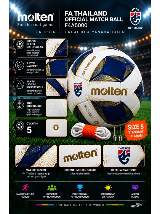 Futbol to‘pi Molten Thailand F5A5000, Professional, 5-o‘lcham, oq-qora