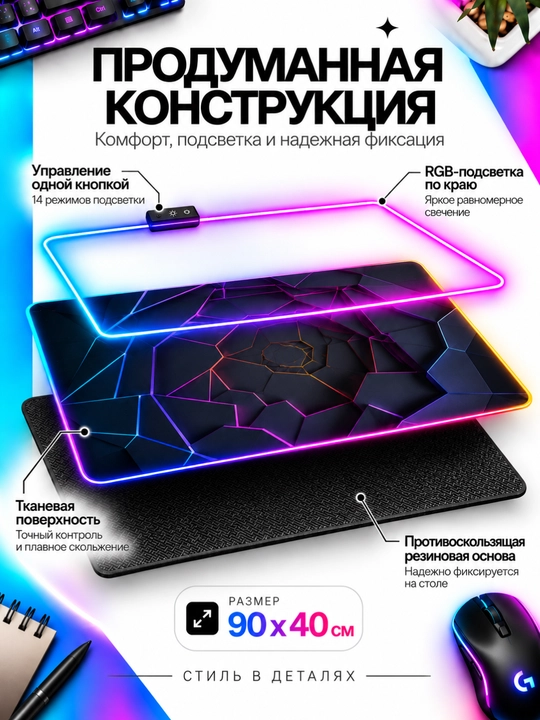 Большой игровой коврик для клавиатуры и мыши с RGB-подсветкой, 90×40 см