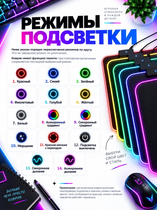 Большой игровой коврик для клавиатуры и мыши с RGB-подсветкой, 90×40 см