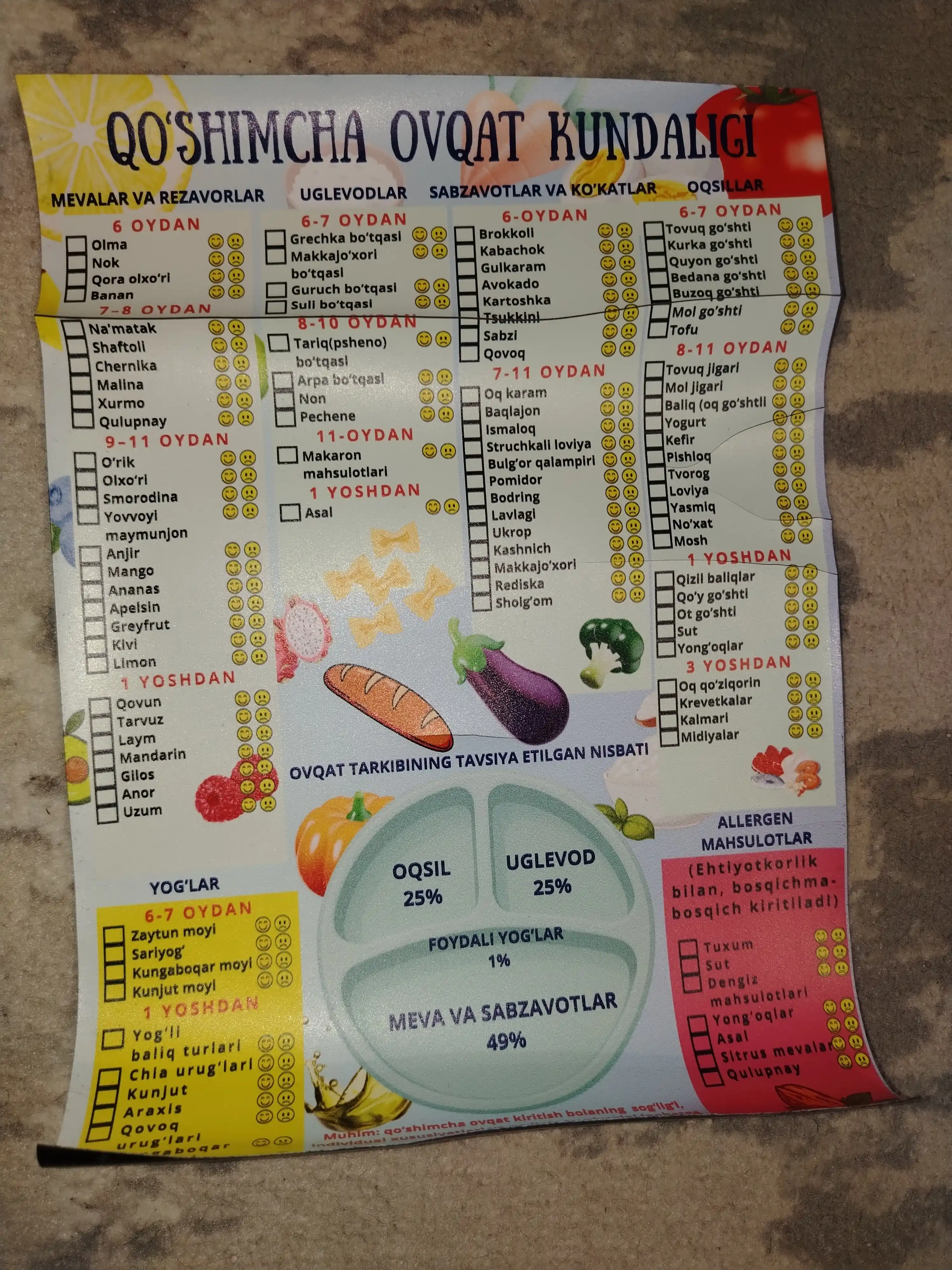 Qo‘shimcha ovqat kiritish kundaligi, magnitli A4, muzlatgich uchun, marker sovg‘a