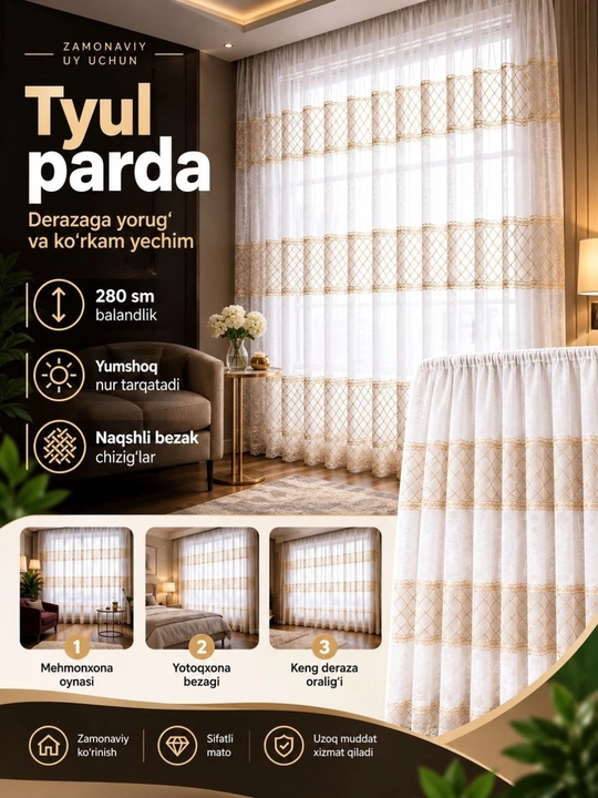 Oq kashtali tyul parda, zal, mehmonxona va yotoqxona uchun, 1 dona,  bo'yi 280 sm - 