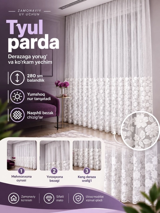 Oq kashtali tyul parda, zal, mehmonxona va yotoqxona uchun, 1 dona,  bo'yi 280 sm - 